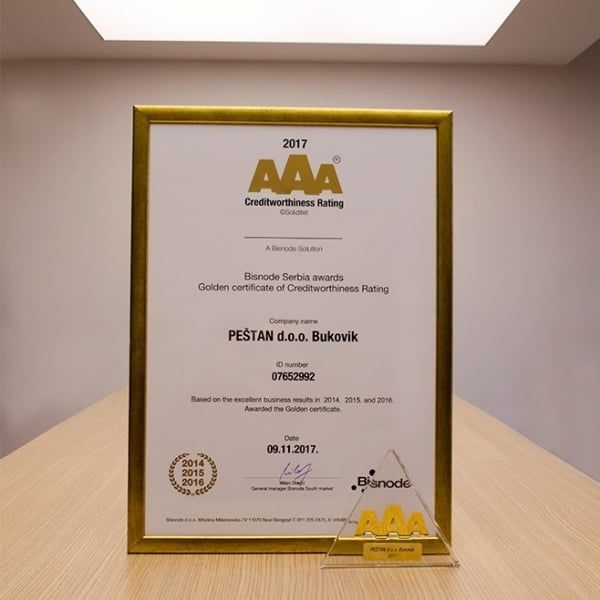 Рейтинговое агентство Bisnode наградило Peštan Золотым сертификатом ААА 2017